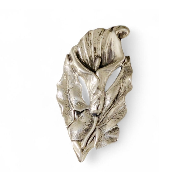 Vintage Jewelry - CALLA LILY Stamped Sterling Silver Vintage Retro Brooch Variegated Leaf Pin
